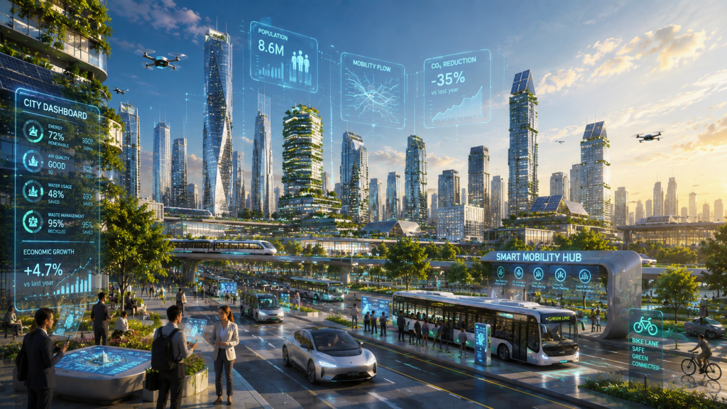 A futuristic smart city skyline with digital infrastructure; Urbanization nd Smart Cities